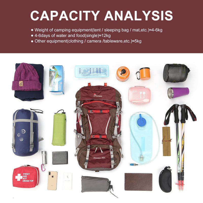 MOUNTAINTOP 70L Internal Frame Backpack Camping Backpacking Hiking Backpack for Men Women with Rain Cover,Maroon - Image 4